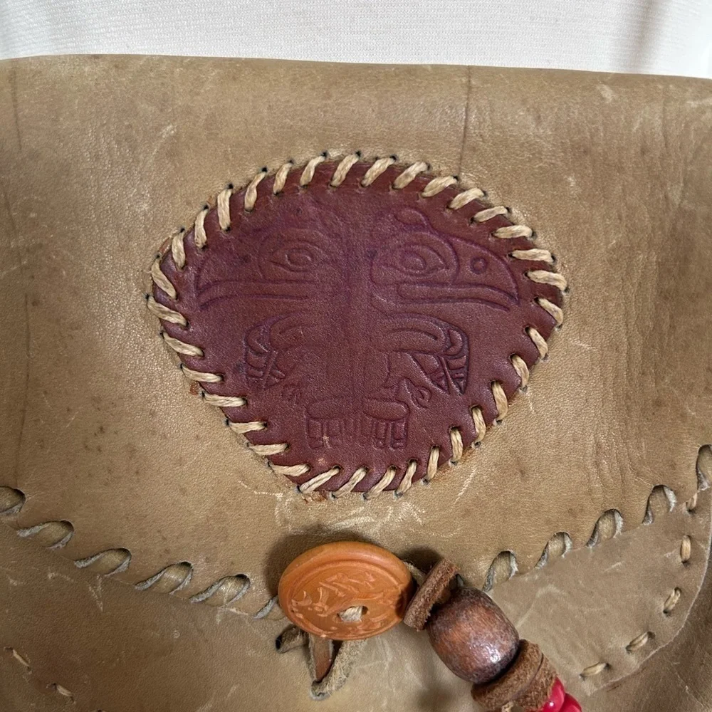 Vintage 70s Southwest Green Leather Crossbody Bag Hand Tooled Braided Handle
